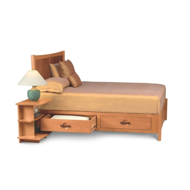 Berkeley Bed with Storage side view with drawer open in front of storage nightstand