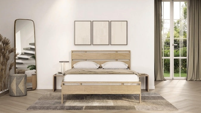 Oslo Bed in decorated room with mirror, 2 attached nightstands, and a rug.