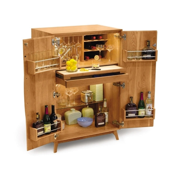 Catalina Bar Cabinet cherry with doors open showcasing shelving and storage with bar supplies