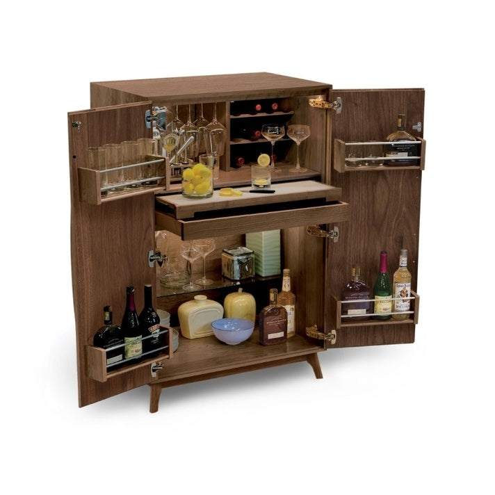 Catalina Bar Cabinet walnut with doors open showcasing shelving and storage with bar supplies