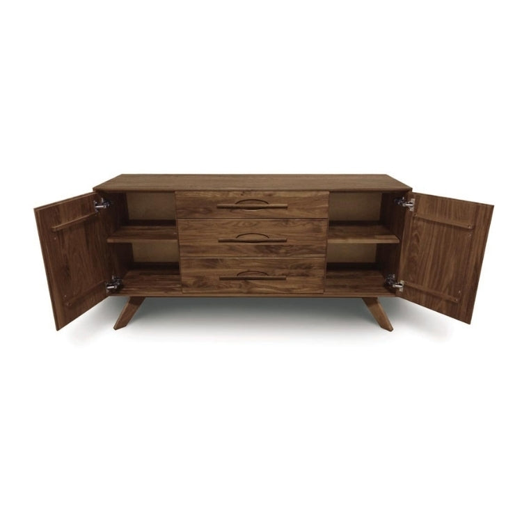 Audrey 1 Door on Either Side of 3 Drawers Buffet walnut with cabinets open to showcase shelving