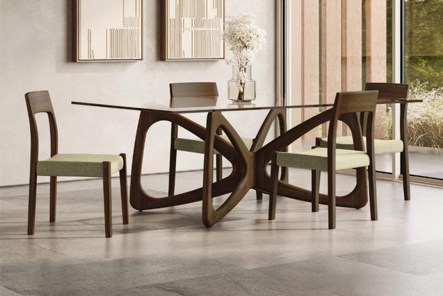Butterfly Glass Top Table walnut in decorated room with chairs