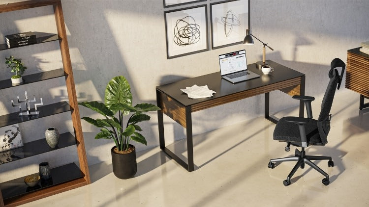 Corridor 6501 Desk in Walnut in home office with chair and shelving