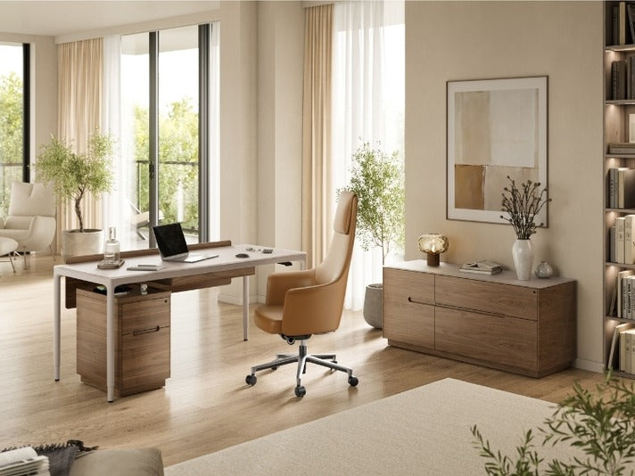 Luma Medium Sit/Stand Desk in Dune with Walnut modesty panel in decorated office with chair, cabinet, and file cabinet