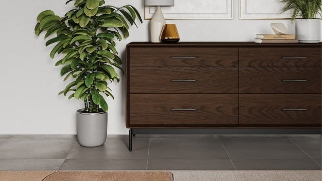 Linq 6-Drawer Dresser close with decor and plant