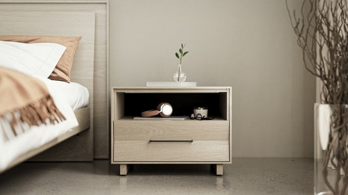 28 KAVA nightstand in washed oak in decorated bedroom with bed