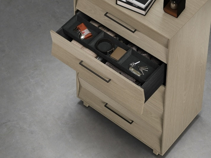 KAVA 5 drawer chest in washed oak with open drawer showcasing organizational trays