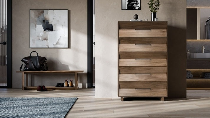KAVA 5 drawer chest in walnut in decorated room with bench and rug