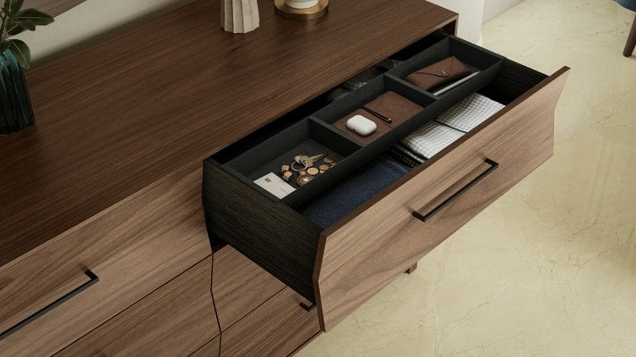 KAVA 6 drawer dresser in walnut with open drawer showcasing storage space and organizational tray