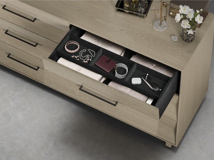 KAVA 6 drawer dresser in washed oak with open drawer showcasing storage space and organizational tray
