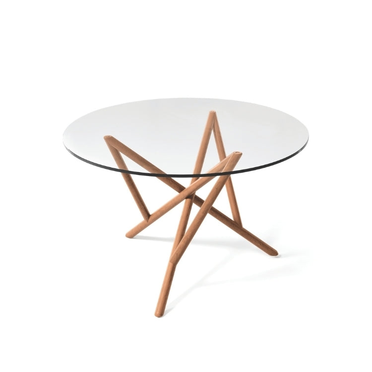 Baton Round Glass Top Table in Natural Cherry top view