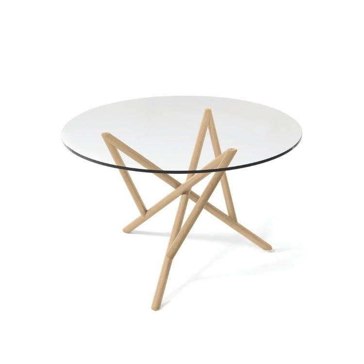 Baton Round Glass Top Table in Oak top view