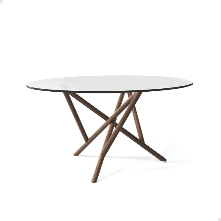 Baton Round Glass Top Table in Natural Walnut