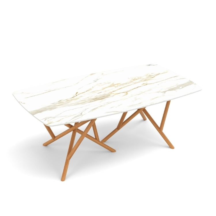 Baton Boat Shaped Stone Top Table in Macchia Vecchia with Natural Cherry base top view