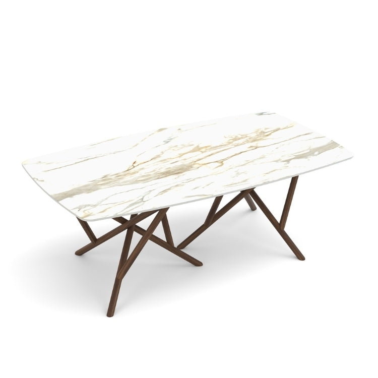 Baton Boat Shaped Stone Top Table in Macchia Vecchia with Natural Walnut base top view