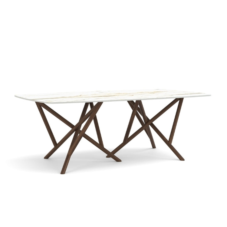 Baton Boat Shaped Stone Top Table in Macchia Vecchia with Natural Walnut base angled view