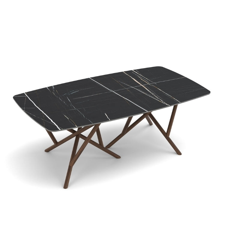 Baton Boat Shaped Stone Top Table in Sahara Noir with Natural Walnut base top view