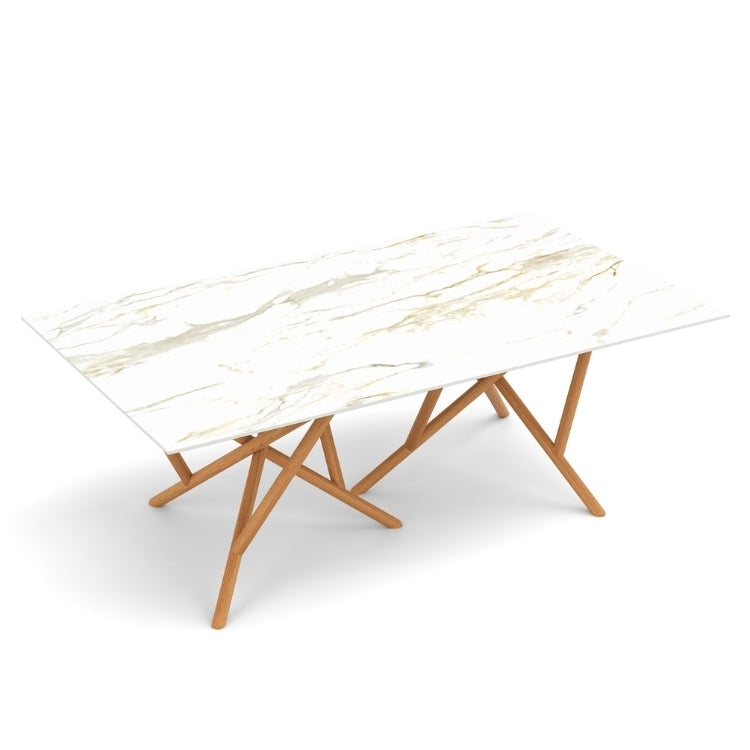 Baton Rectangle Stone Top Table in Macchia Vecchia with Natural Cherry base top view
