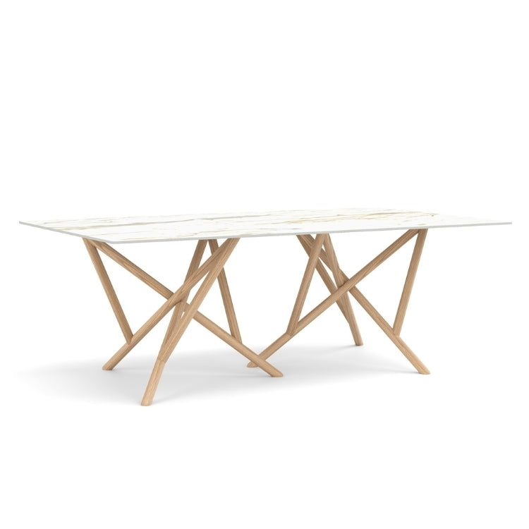 Baton Rectangle Stone Top Table in Macchia Vecchia with Oak base angled view
