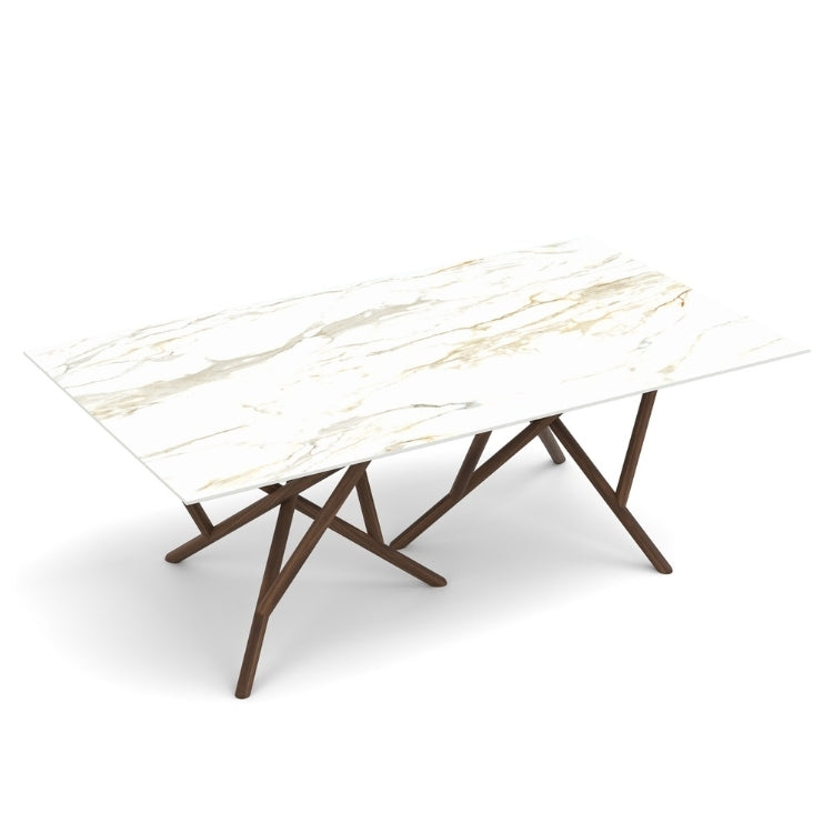 Baton Rectangle Stone Top Table in Macchia Vecchia with Natural Walnut base top view