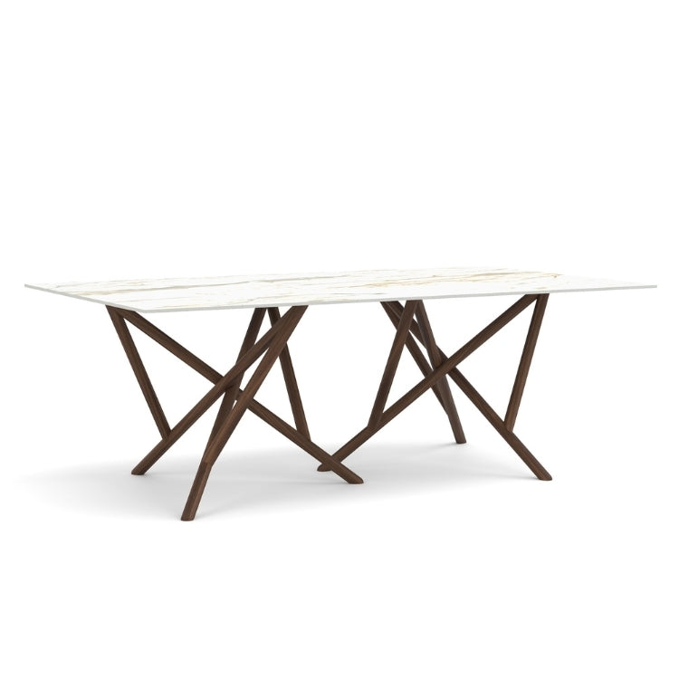 Baton Rectangle Stone Top Table in Macchia Vecchia with Natural Walnut base angled view