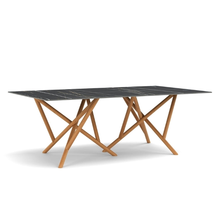 Baton Rectangle Stone Top Table in Sahara Noir with Natural Cherry base angled view