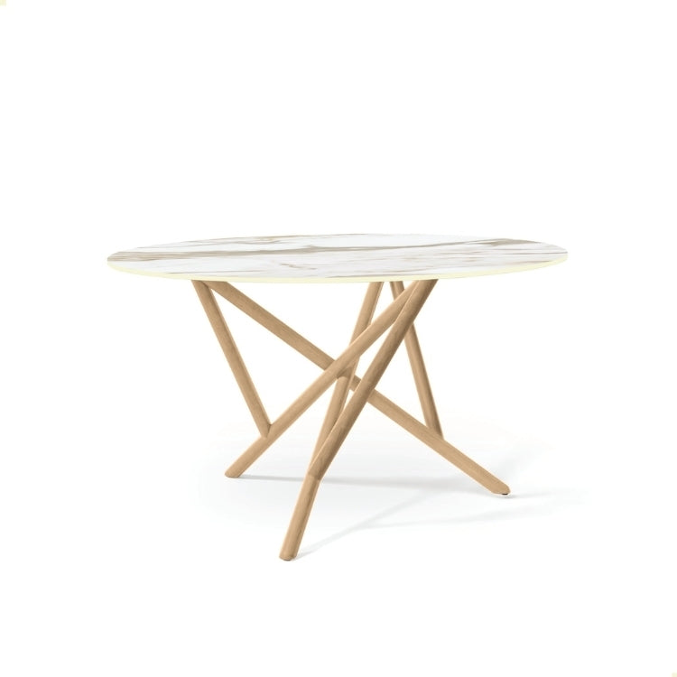 Baton Round Stone Top Table in Macchia Vecchia with Oak base head on