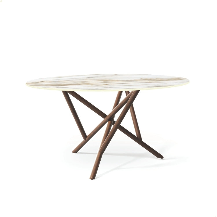 Baton Round Stone Top Table in Macchia Vecchia with Natural Walnut base head on