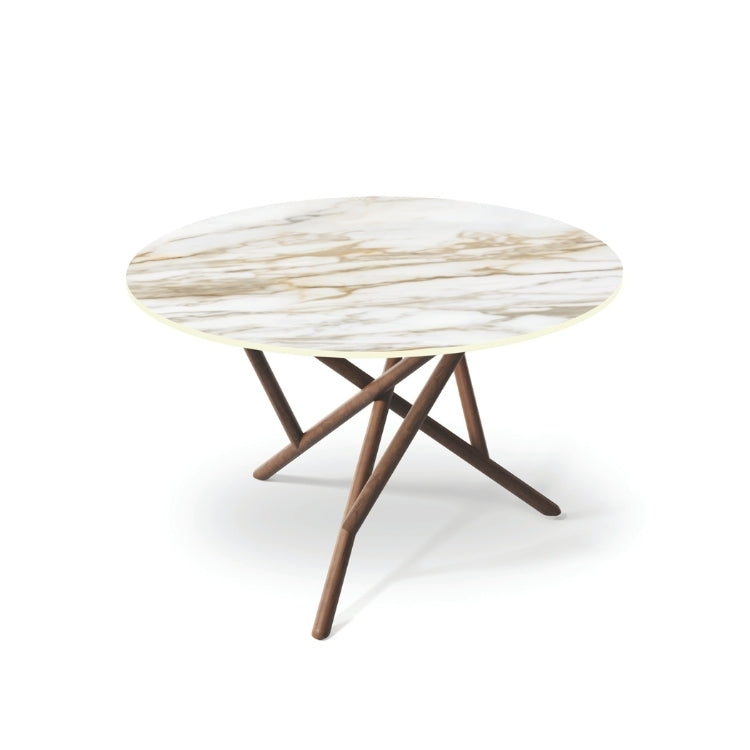 Baton Round Stone Top Table in Macchia Vecchia with Natural Walnut base top angled view