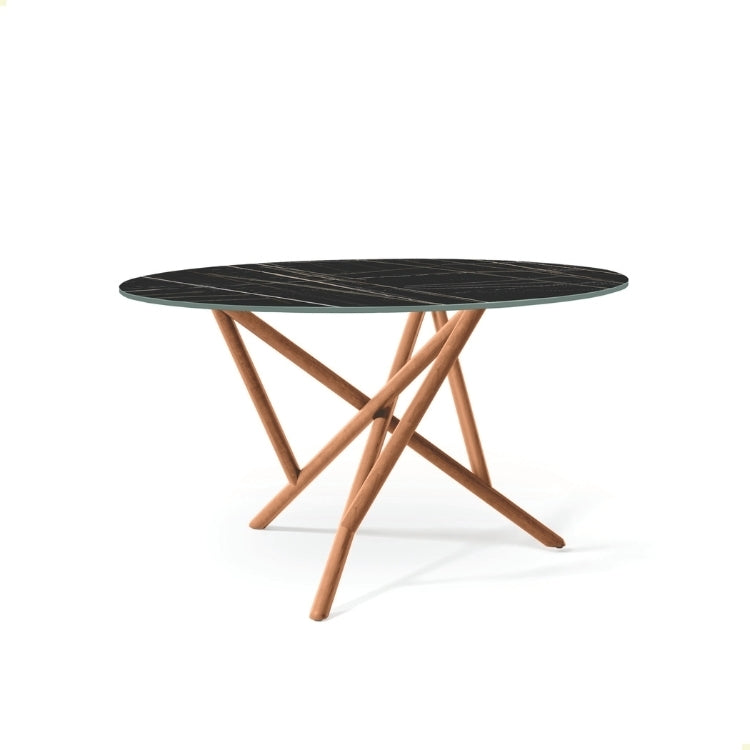 Baton Round Stone Top Table in Sahara Noir with Natural Cherry base head on