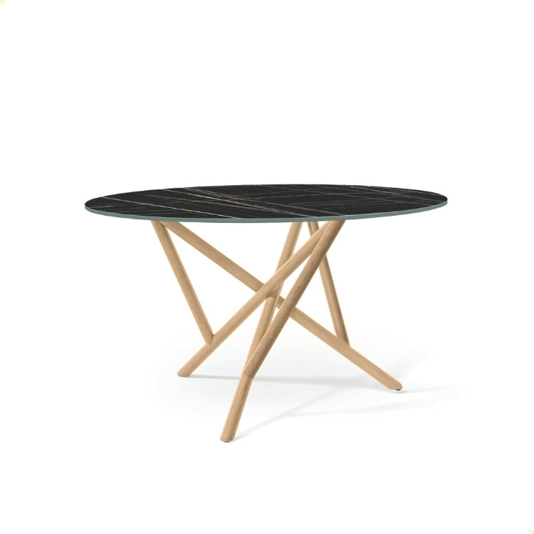 Baton Round Stone Top Table in Sahara Noir with Oak base head on