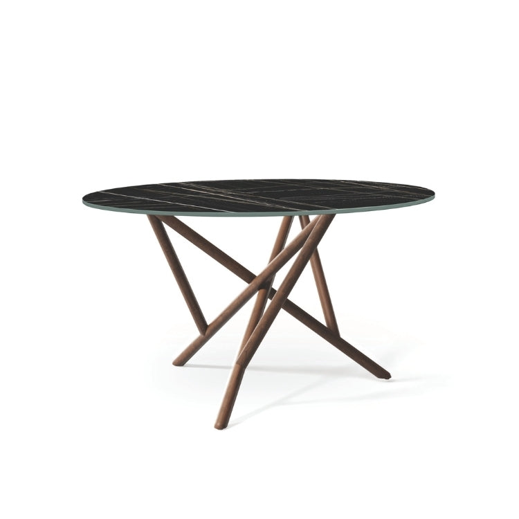 Baton Round Stone Top Table in Sahara Noir with Natural Walnut base head on