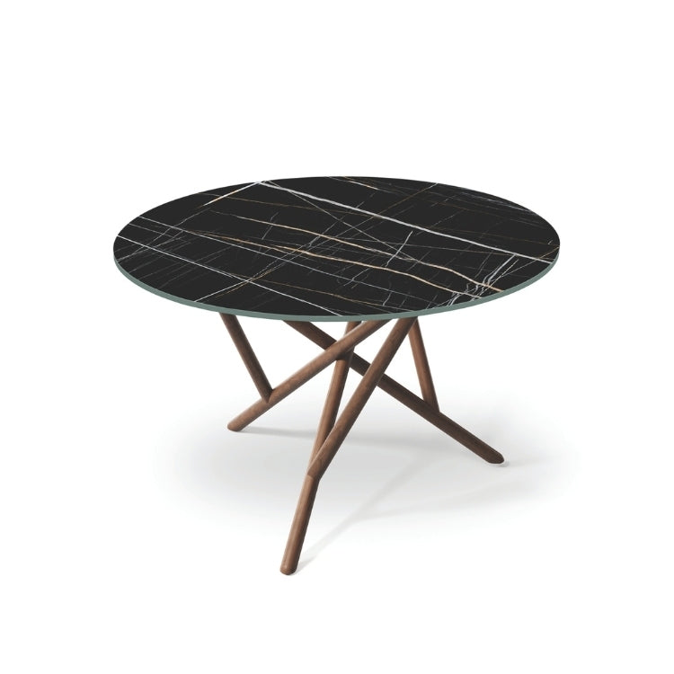 Baton Round Stone Top Table in Sahara Noir with Natural Walnut base top angled view