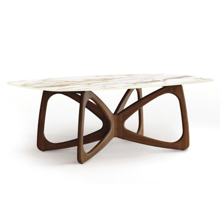 A Butterfly Sintered Stone Top Table with a sculptural wooden base and a black sintered stone tabletop.