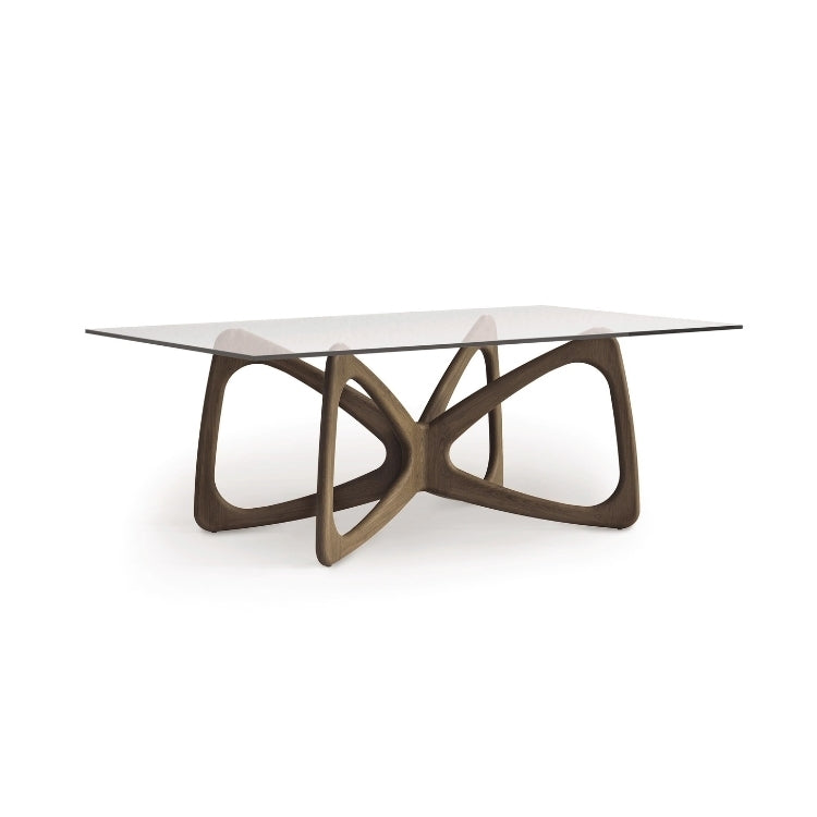 Butterfly Glass Top Table taupe oak finish angle view