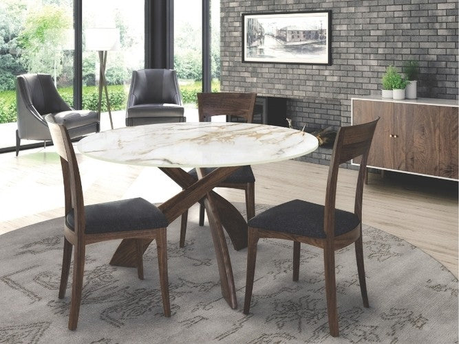Entwine Stone Top Round Table in Natural Walnut with Macchia Vecchia Stone in decorated dining room with credenza and chairs