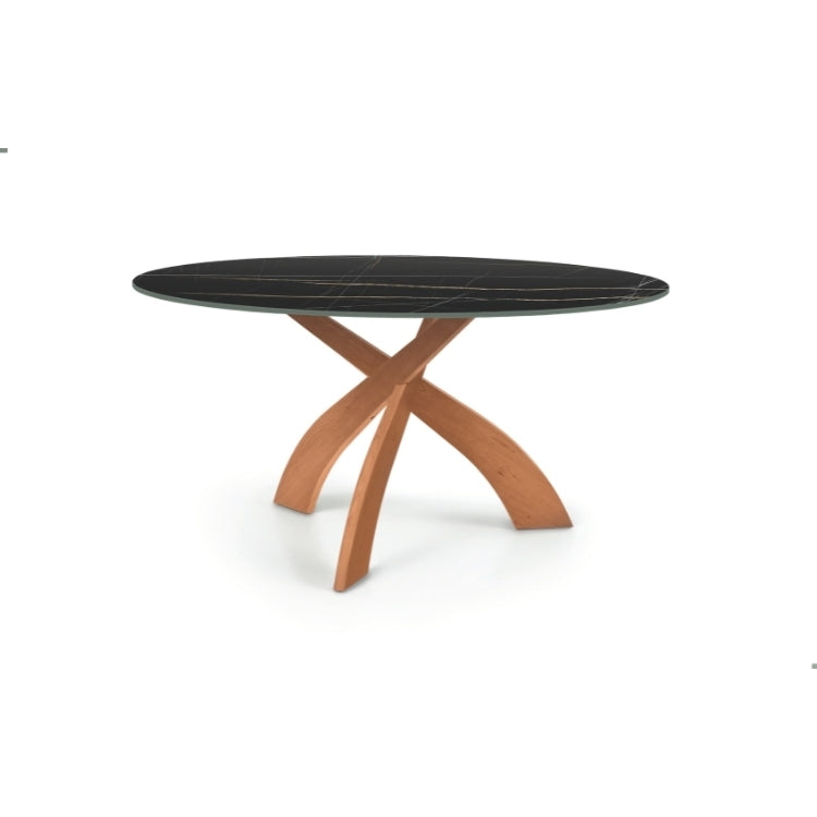 Entwine Stone Top Round Table in Natural Cherry with Sahara Noir Stone