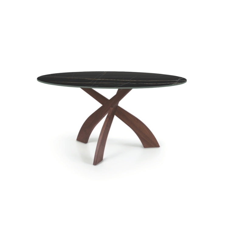 Entwine Stone Top Round Table in Natural Walnut with Sahara Noir Stone