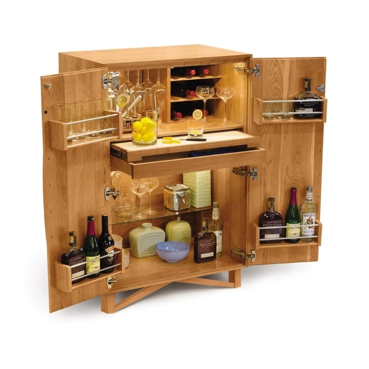 Exeter Bar Cabinet cherry with doors open showcasing shelving and storage with bar supplies inside