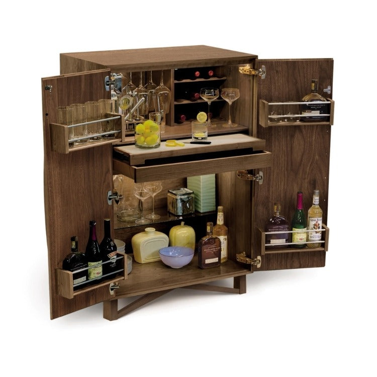 Exeter Bar Cabinet open showcasing shelving and storage with bar supplies inside