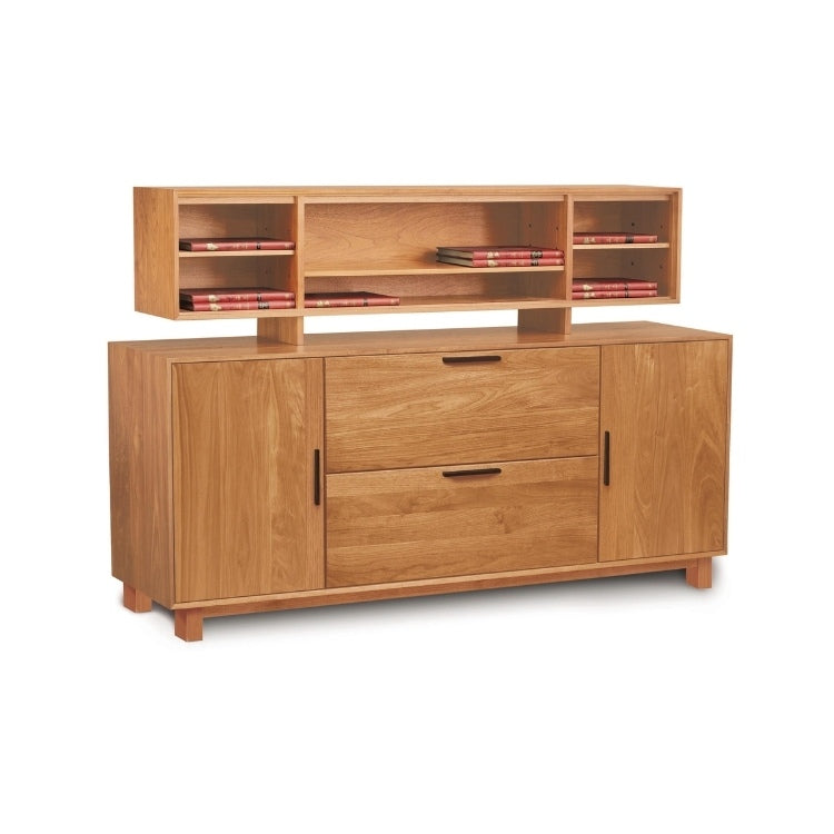 Linear Credenza cherry angle view with organizer hutch