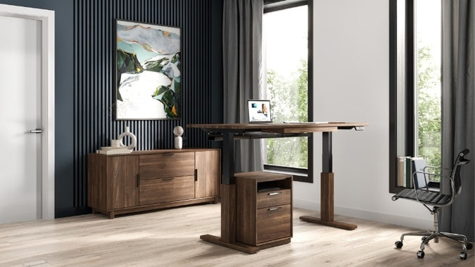 Linear Credenza walnut in decorated office with lift desk and narrow rolling file