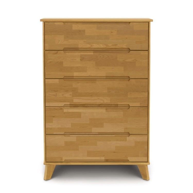 Linn 5 Drawer Wide Chest in Cherry with recessed handles, head on view