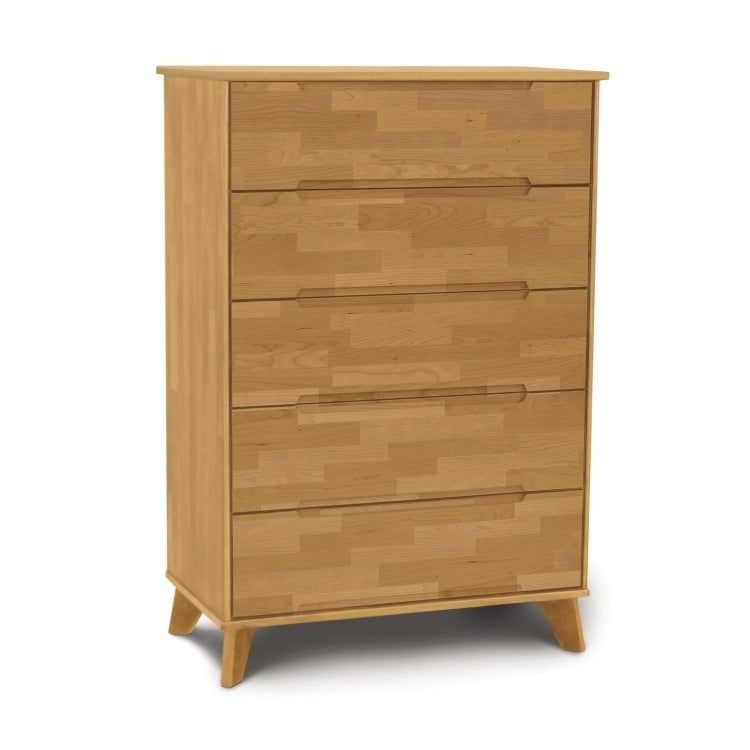 Linn 5 Drawer Wide Chest in Cherry with recessed handles, angled view