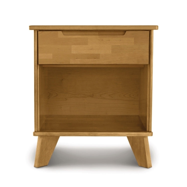 Linn 1 Drawer Nightstand in Cherry with recessed drawer handle and open bottom shelf, head on