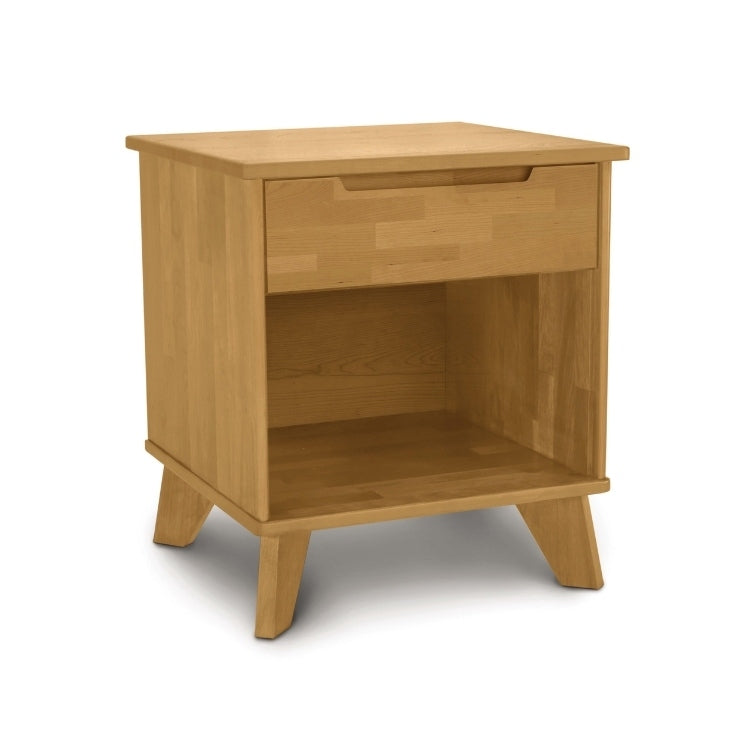 Linn 1 Drawer Nightstand in Cherry with recessed drawer handle and open bottom shelf, angled view