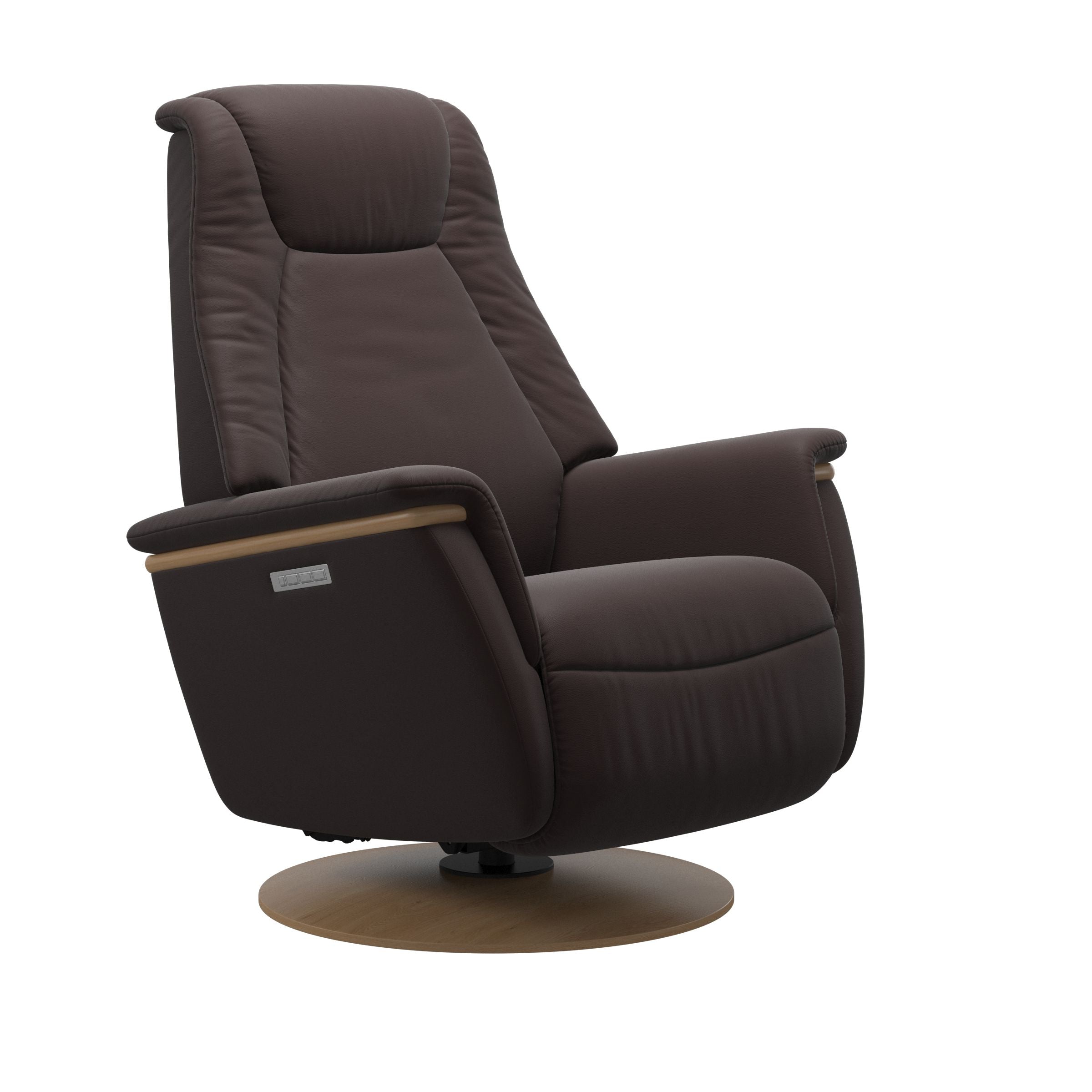 Leather Chocolate colored recliner with wooden oak moon base