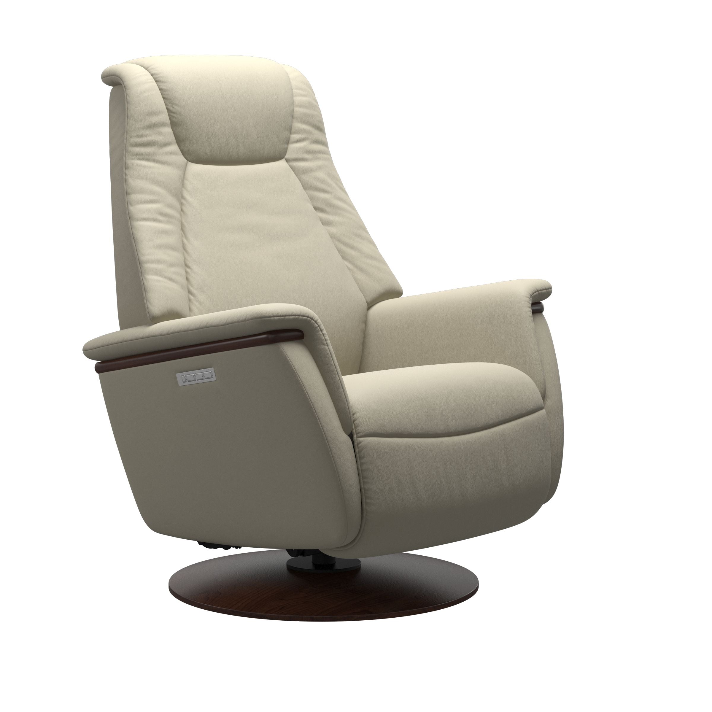 Light Gray leather recliner with wooden brown moon base