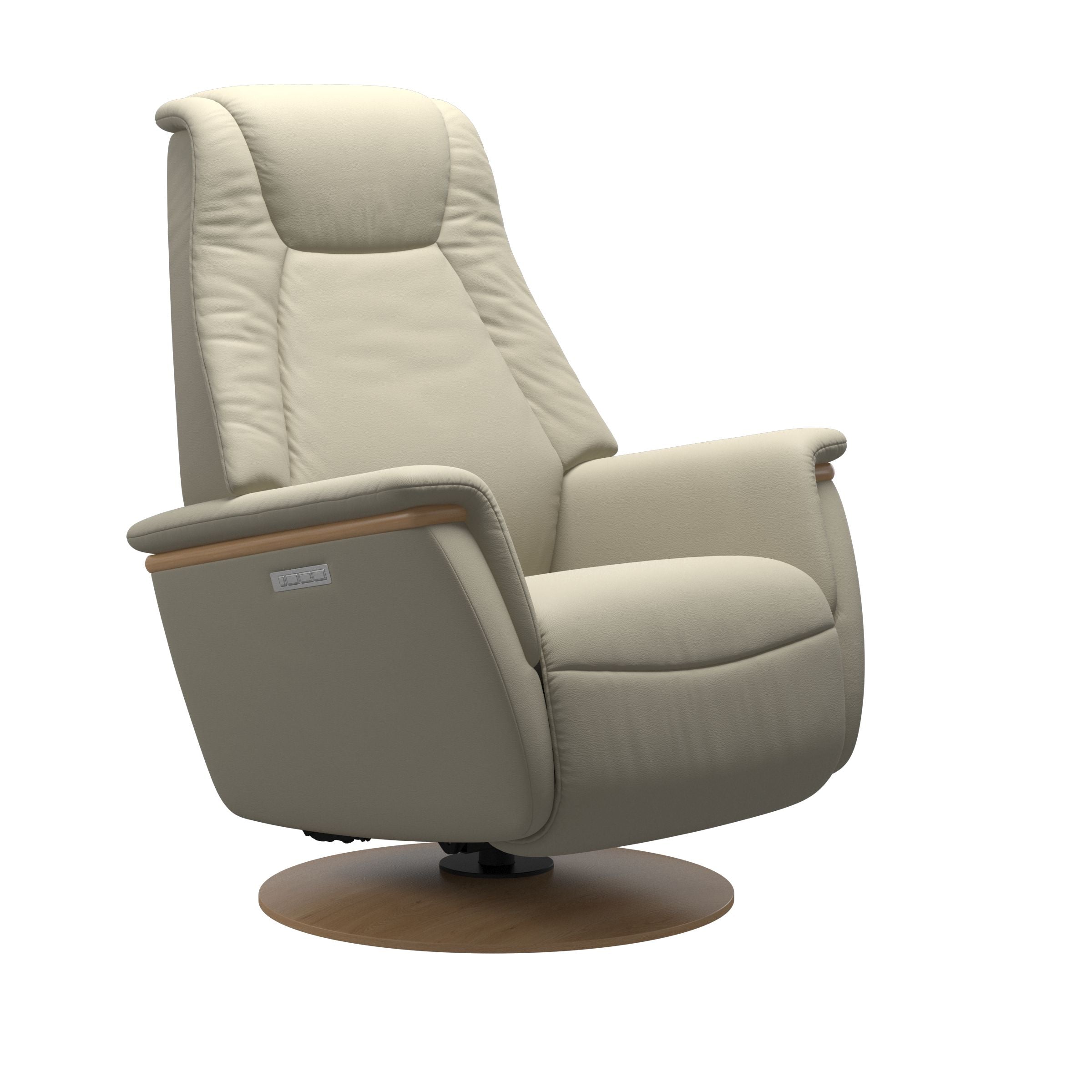 Light Gray leather recliner with wooden oak moon base