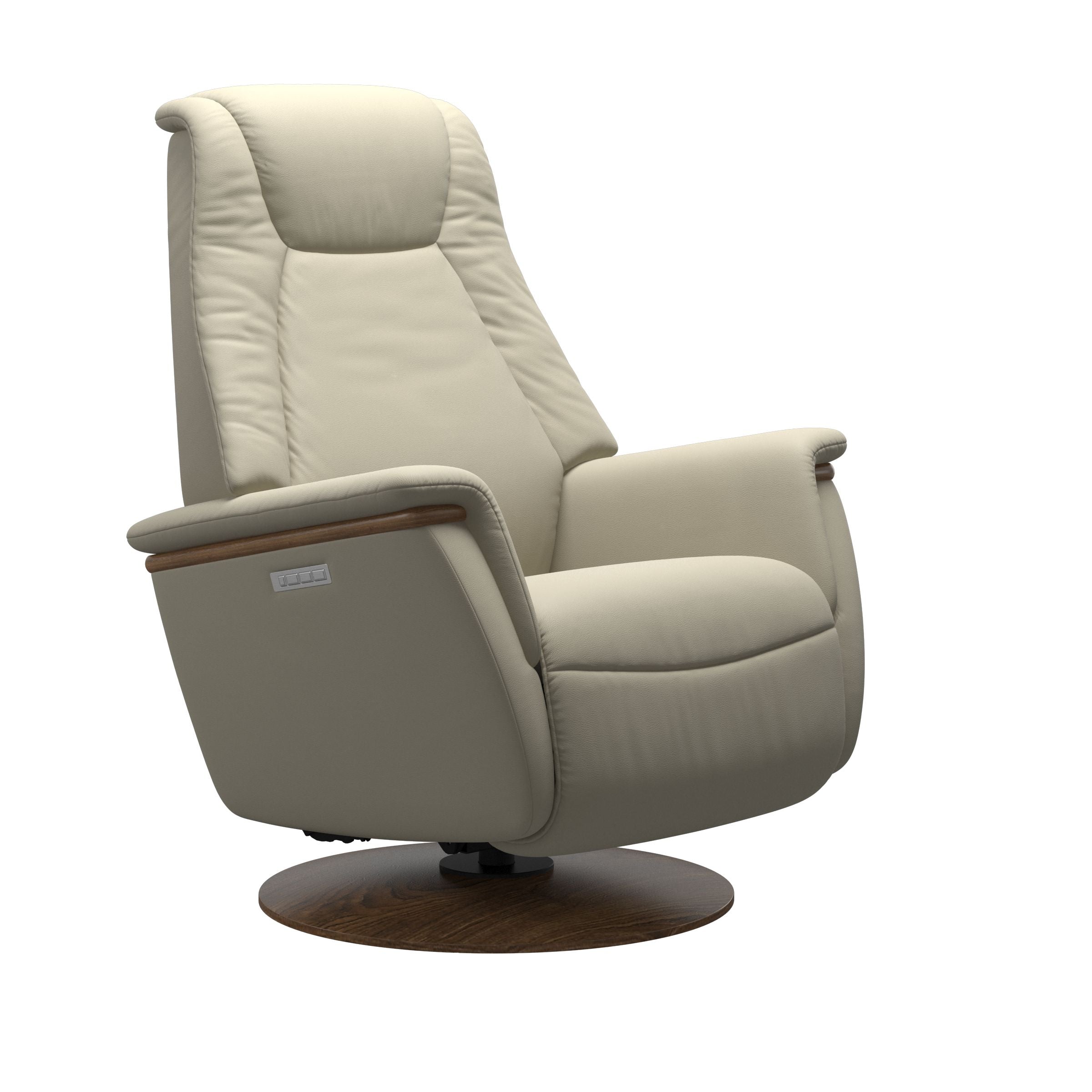 Light Gray leather recliner with wooden teak moon base